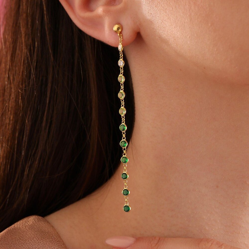 Emerald Cascade Earrings Green Stone 14K Gold Filled Hand Chain Earrings